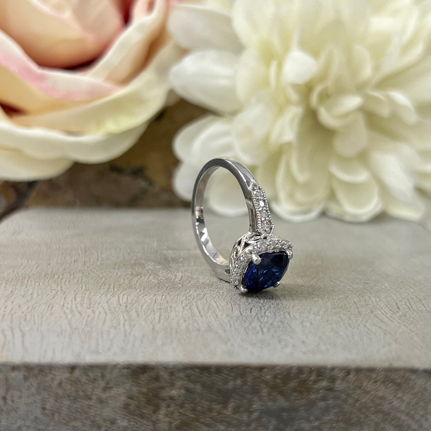 Cushion Cut Blue sapphire Engagement Ring Moissanite Halo 14K White Gold Unique Vintage Promise Anniversary Wedding Ring Set For Women #7302