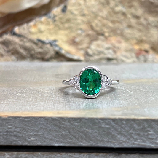Oval Shaped Emerald Diamond Engagement Ring 14k White Gold Bezel Set Oval Emerald Engagement Rings Women Unique Emerald Wedding Rings  #7306