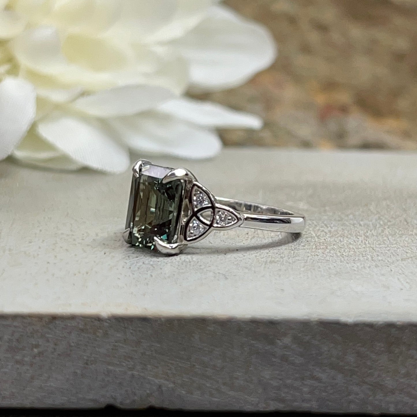 Sapphire Engagement Ring 14K White Gold Olive Green Emerald Cut Sapphire Celtic Engagement Rings Moissanite Celtic Gold Wedding Ring  #7307