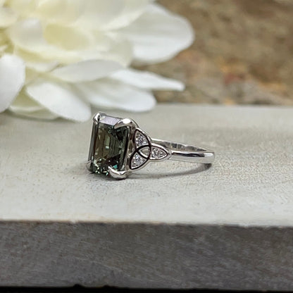 Sapphire Engagement Ring 14K White Gold Olive Green Emerald Cut Sapphire Celtic Engagement Rings Moissanite Celtic Gold Wedding Ring  #7307