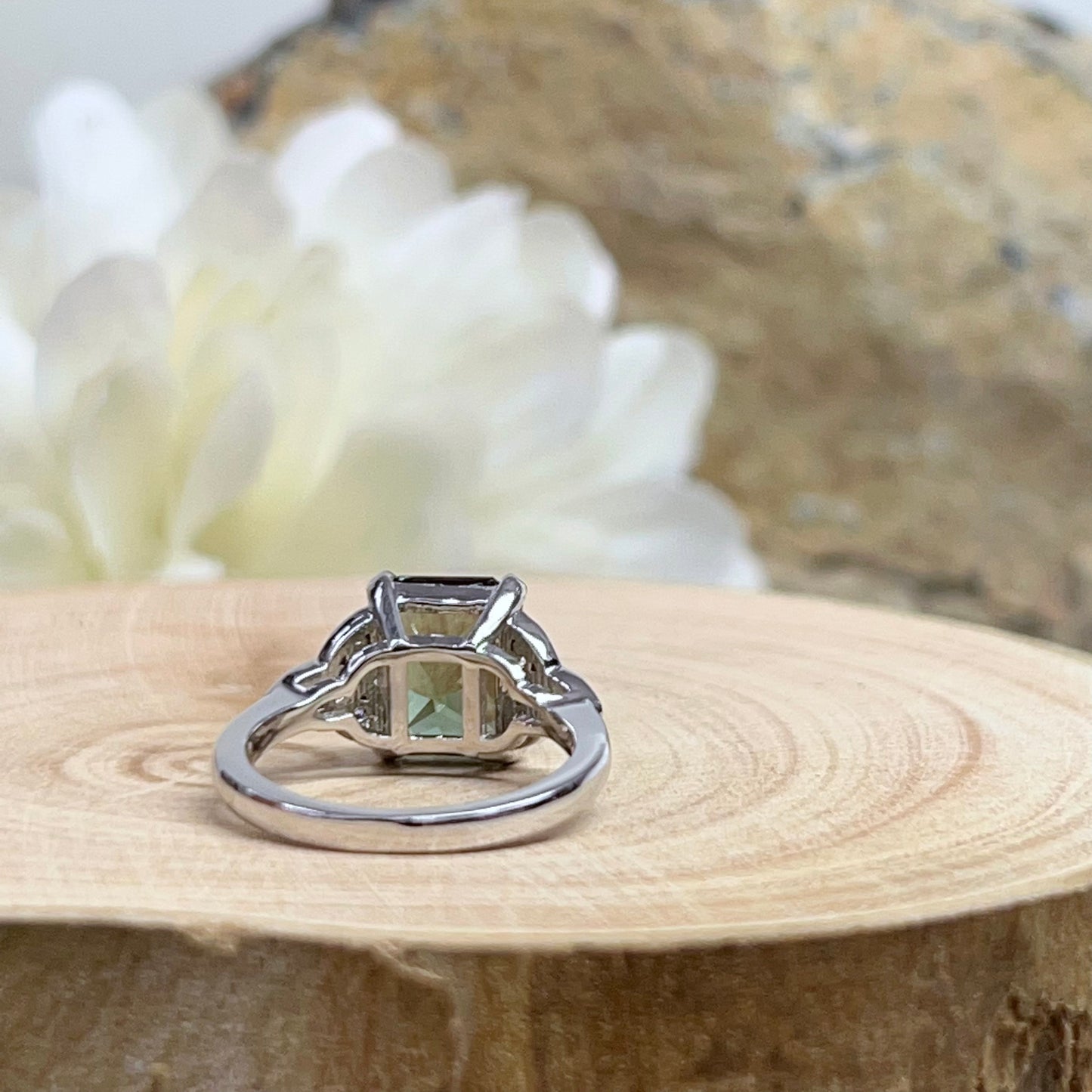 Sapphire Engagement Ring 14K White Gold Olive Green Emerald Cut Sapphire Celtic Engagement Rings Moissanite Celtic Gold Wedding Ring  #7307