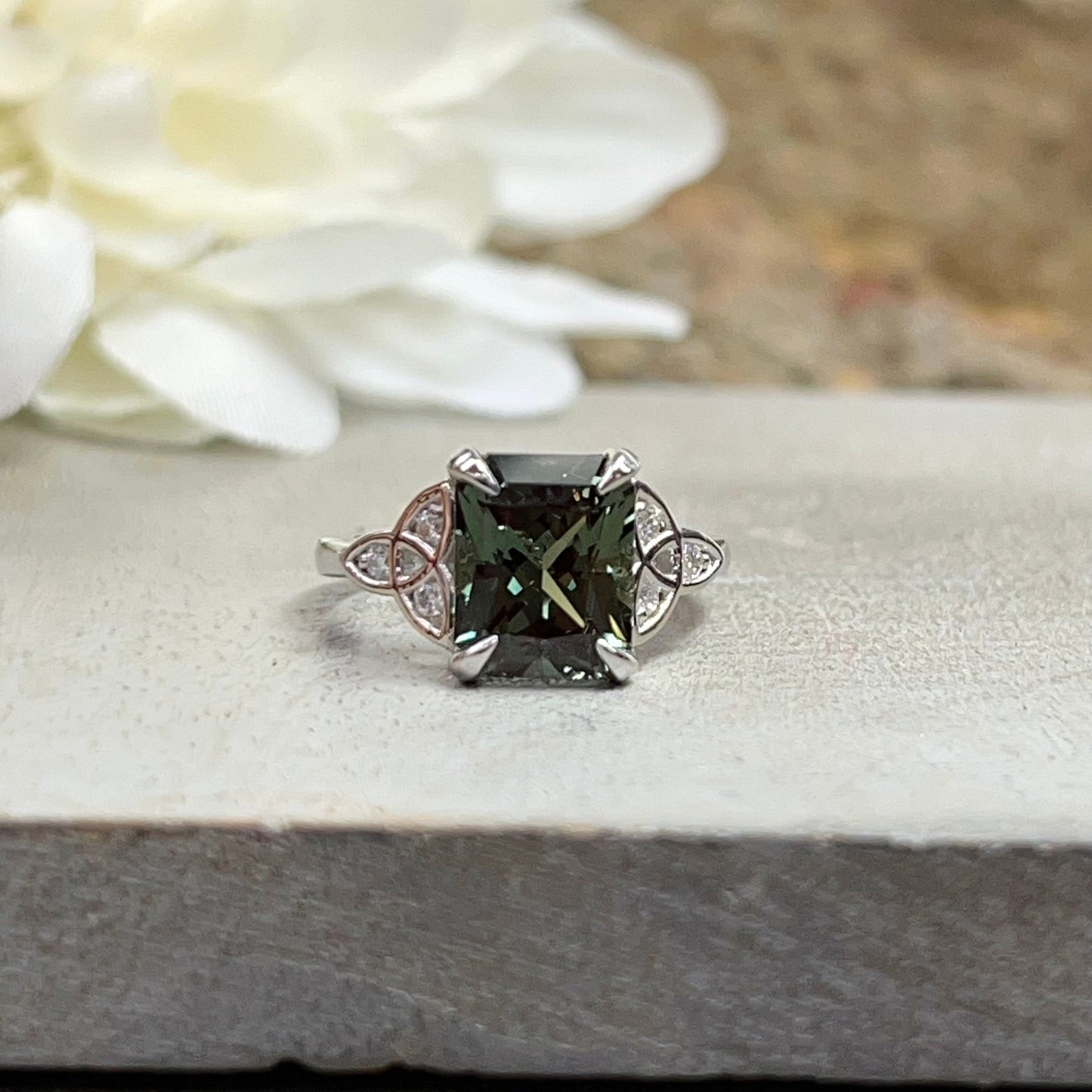 Sapphire Engagement Ring 14K White Gold Olive Green Emerald Cut Sapphire Celtic Engagement Rings Moissanite Celtic Gold Wedding Ring  #7307