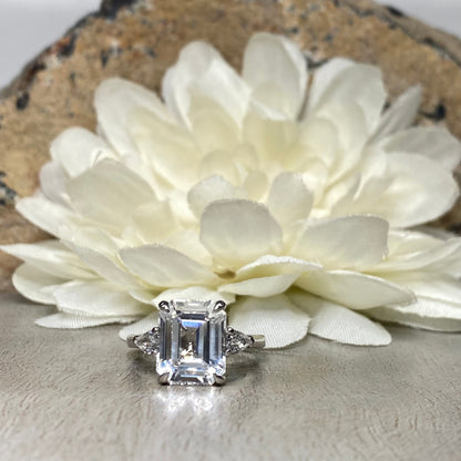 Emerald Cut Moissanite Engagement Ring 14k White Gold Three Stone Emerald Cut Engagement Ring Solitaire Moissanite Engagement Rings  #7290