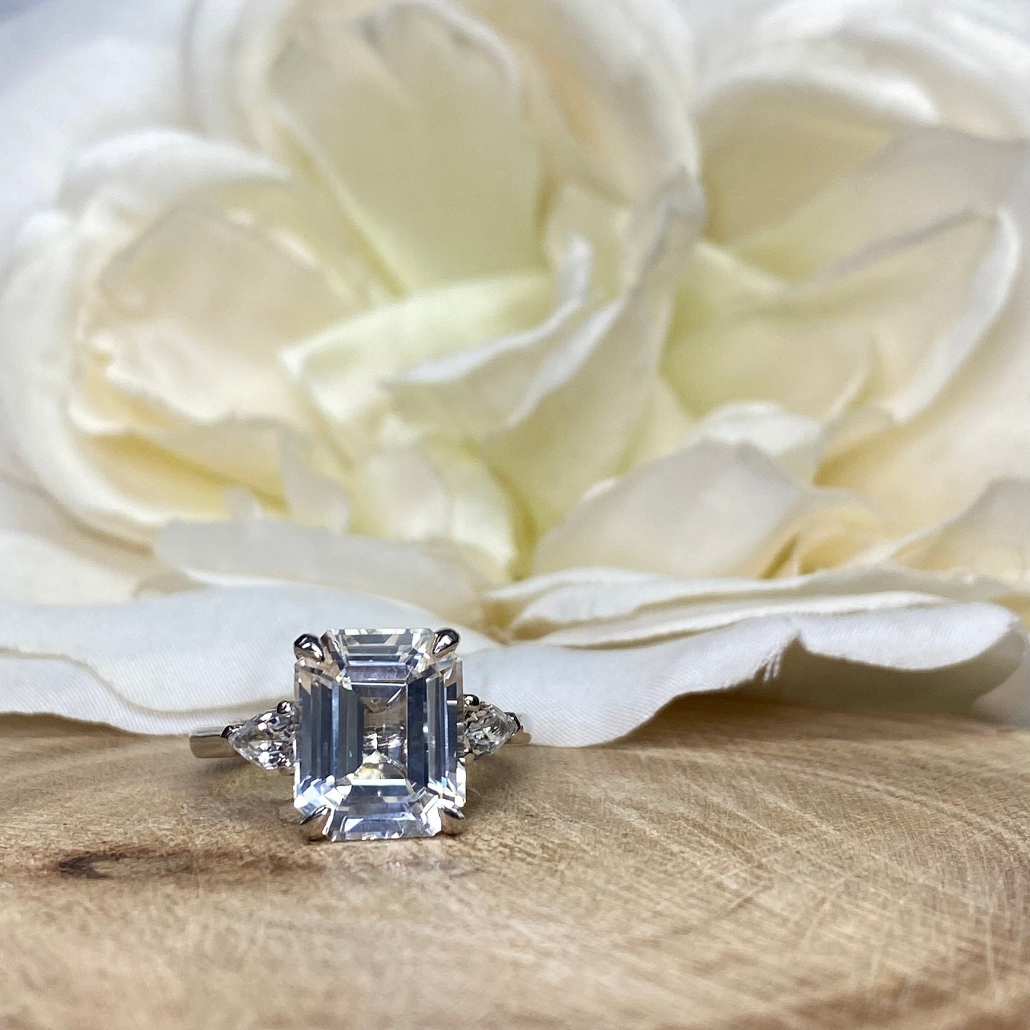 Emerald Cut Moissanite Engagement Ring 14k White Gold Three Stone Emerald Cut Engagement Ring Solitaire Moissanite Engagement Rings  #7290