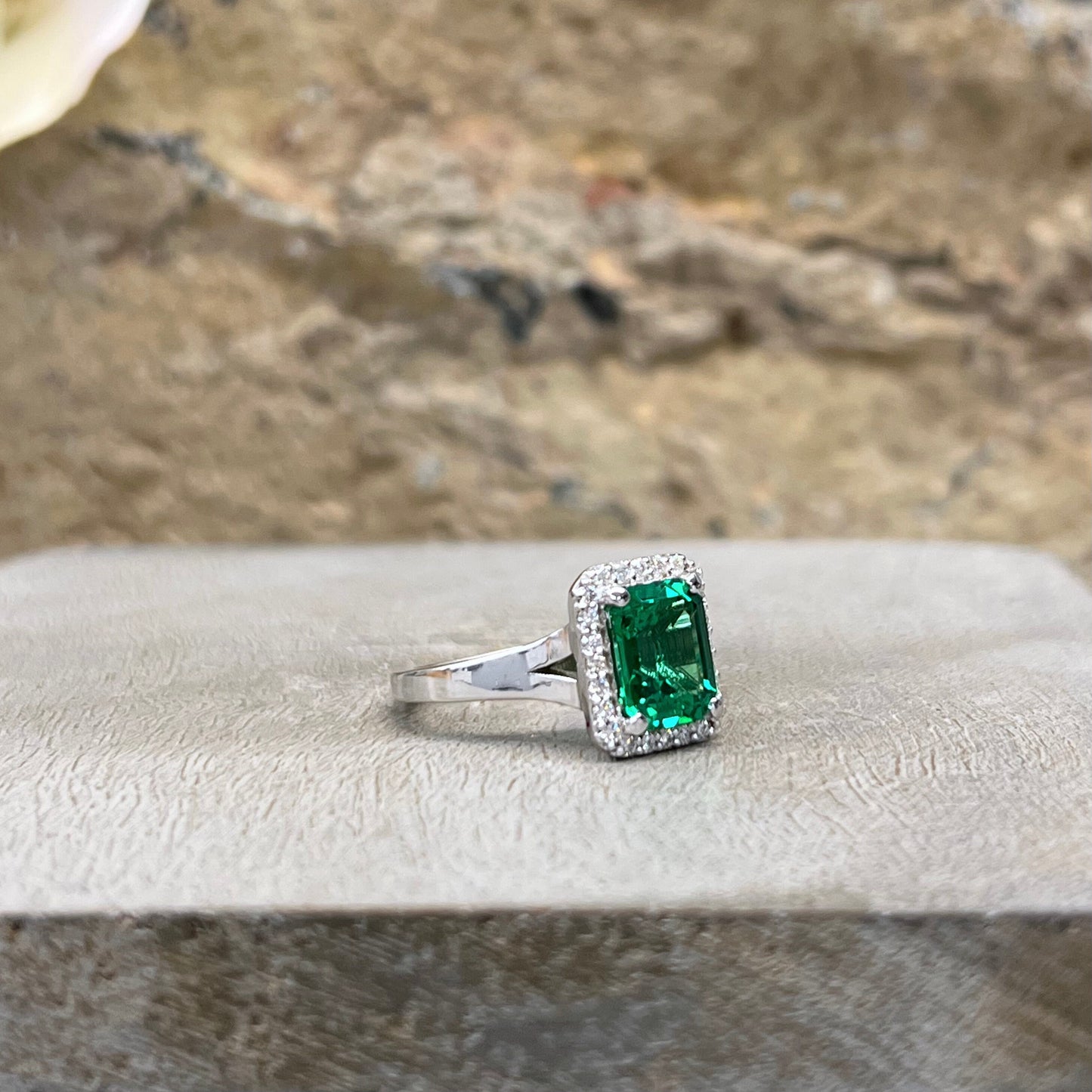 Emerald cut emerald engagement ring with diamond halo set in 14k white gold #5457