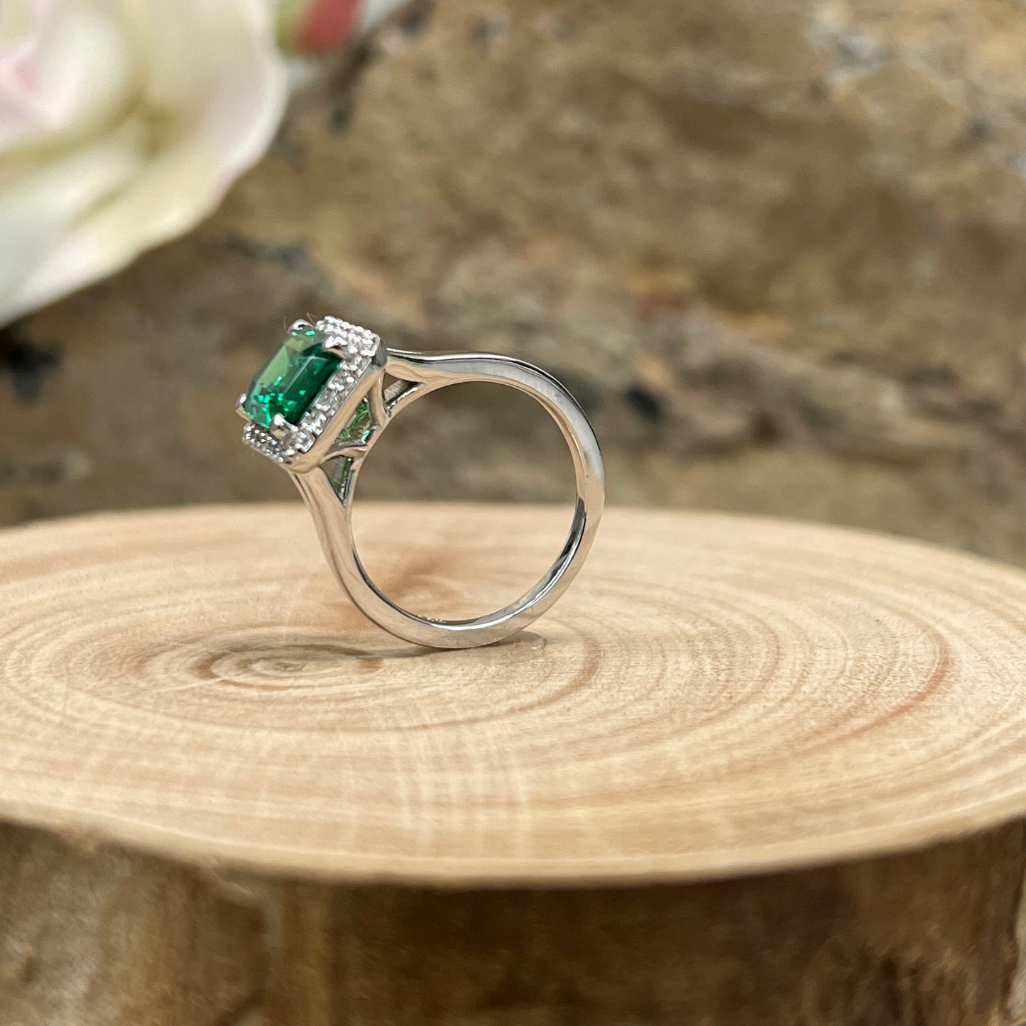 Emerald cut emerald engagement ring with diamond halo set in 14k white gold #5457