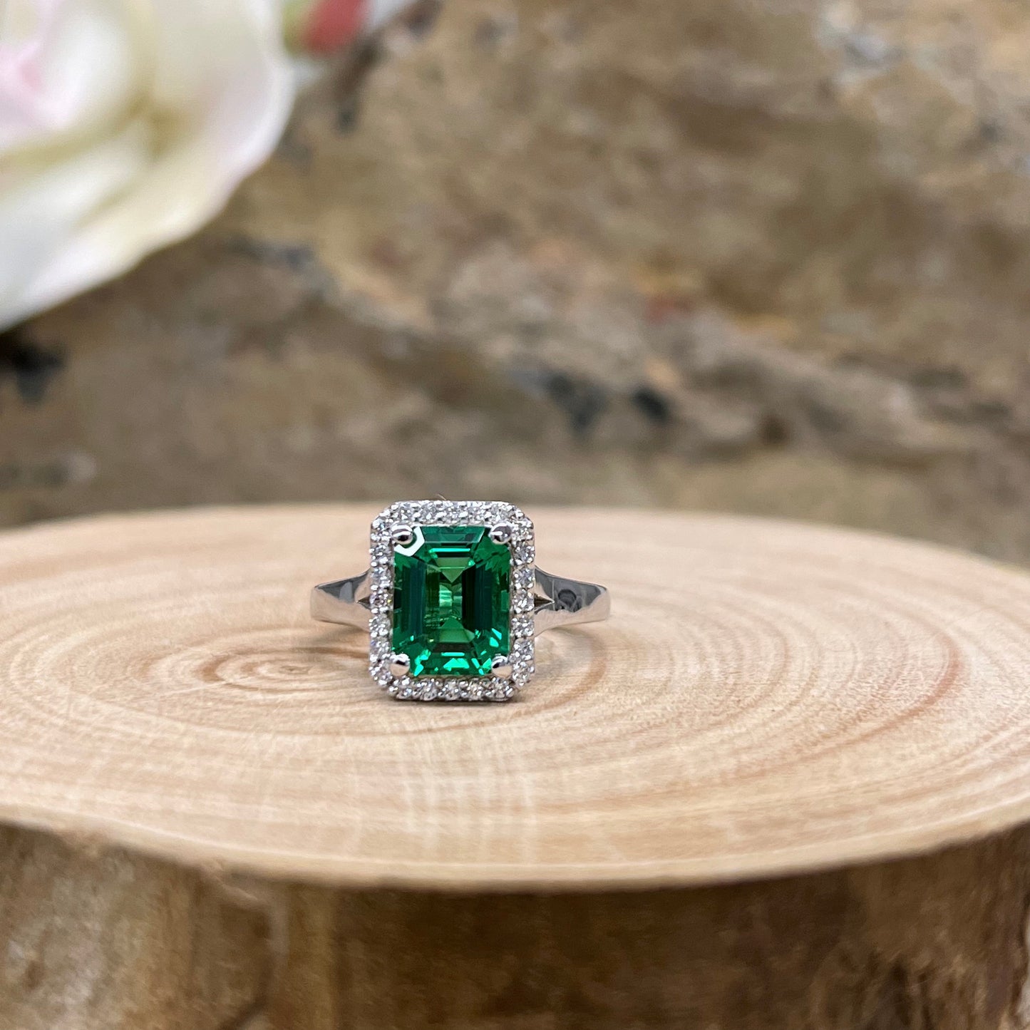 Emerald cut emerald engagement ring with diamond halo set in 14k white gold #5457