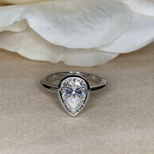 Moissanite Engagement Ring, Pear Moissanite Solitaire Ring, 14k White Gold Ladies Ring, Bezel Set Ring, Moissanite Wedding Ring, #7054