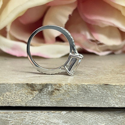 Moissanite Engagement Ring Emerald Cut For Women 14K Solid White Gold Ring, Unique Sideways Emerald Cut Moissanite Minimalist Ring, #5859