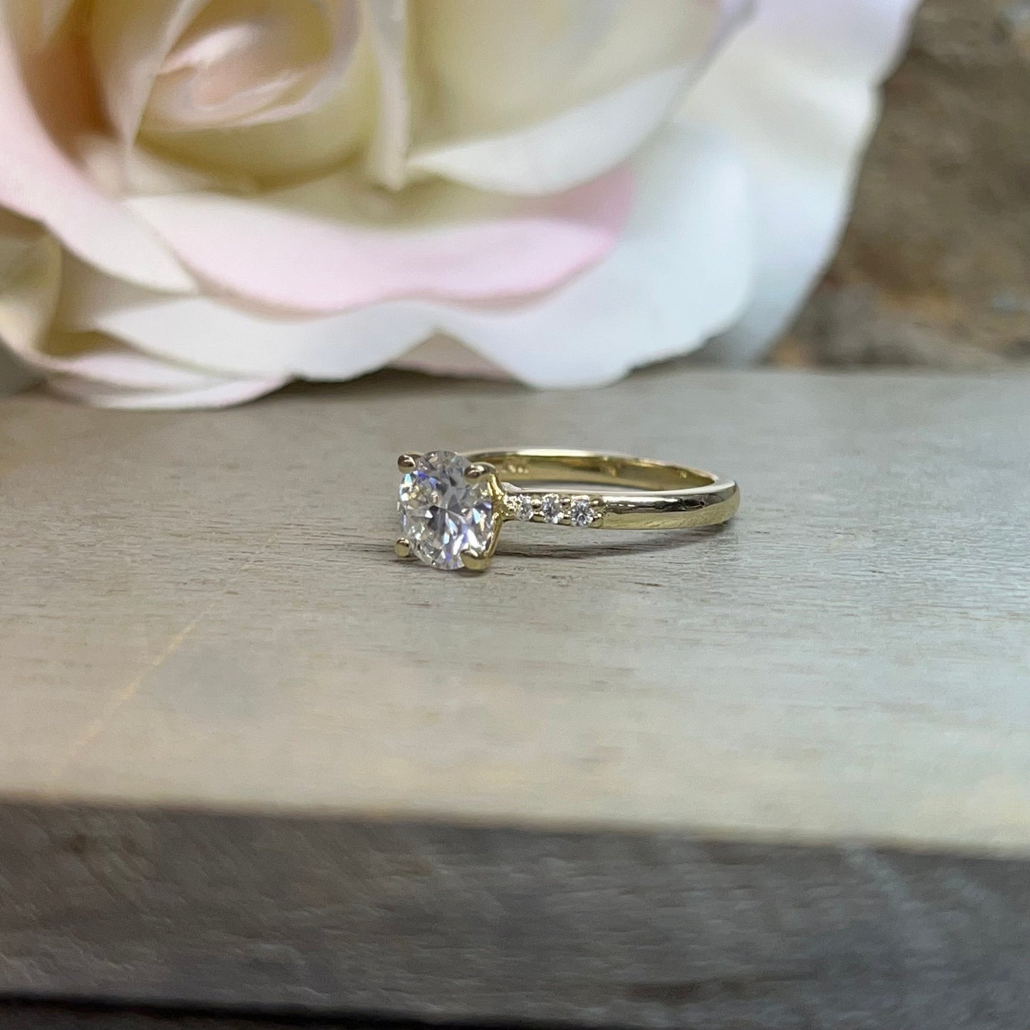 Round Moissanite Engagement Ring 14K Yellow Gold , Ladies Dainty Round Moissanite Engagement Rings , Thin Band Wedding Promise Ring  , #7293
