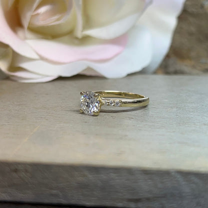 Round Moissanite Engagement Ring 14K Yellow Gold , Ladies Dainty Round Moissanite Engagement Rings , Thin Band Wedding Promise Ring  , #7293