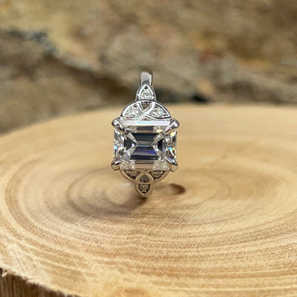 Emerald Cut Moissanite Engagement Ring 14K White Gold Celtic Engagement Ring Moissanite Forever One Wedding Promise Anniversary Ring   #7295