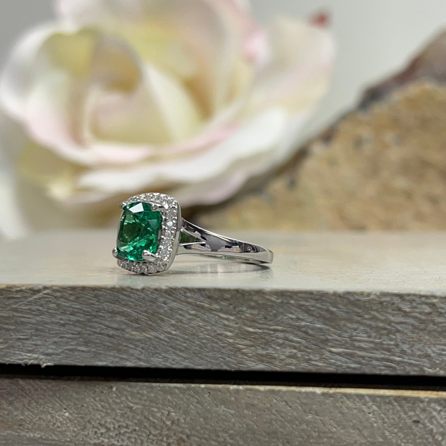 Cushion Cut Emerald And Genuine Diamond Halo Engagement Ring, 14k Gold Emerald And Moissanite Wedding Ring, Ladies May Birthstone Ring  5459