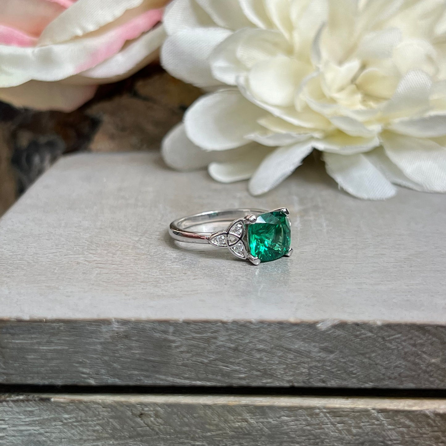 Cushion Cut Emerald Engagement Ring 14K Yellow Gold Green Emerald  Celtic Engagement Rings Moissanite Celtic Gold Wedding Promise Ring #7297