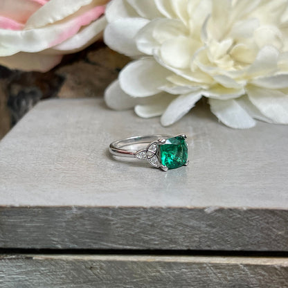 Cushion Cut Emerald Engagement Ring 14K Yellow Gold Green Emerald  Celtic Engagement Rings Moissanite Celtic Gold Wedding Promise Ring #7297