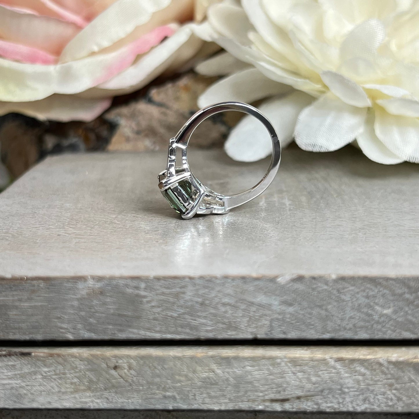 Asscher Cut Olive Green Sapphire Engagement Ring 14K White Gold Unique Olive Green Sapphire Promise Wedding Anniversary Ring For Ladies