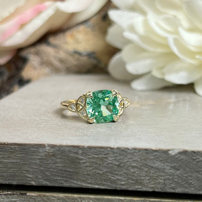 Green Paraiba Engagement Ring 14K White Gold Green Cushion Cut Celtic Engagement Ring Moissanite Celtic Gold Wedding Promise Ring #7301