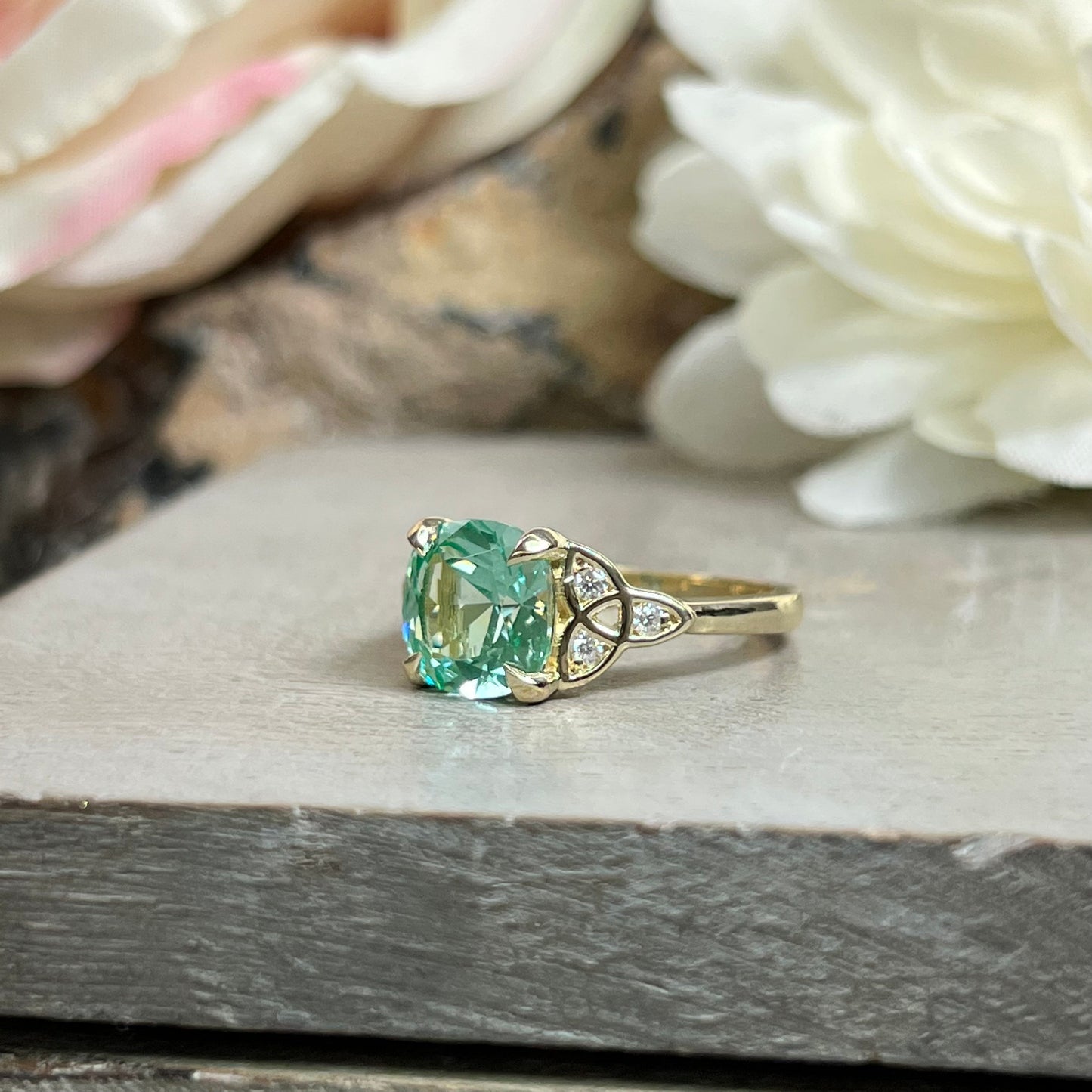 Green Paraiba Engagement Ring 14K White Gold Green Cushion Cut Celtic Engagement Ring Moissanite Celtic Gold Wedding Promise Ring #7301