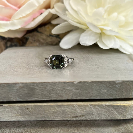 Asscher Cut Olive Green Sapphire Engagement Ring 14K White Gold Unique Olive Green Sapphire Promise Wedding Anniversary Ring For Ladies