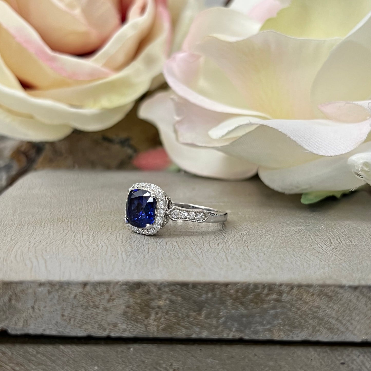 Cushion Cut Blue sapphire Engagement Ring Moissanite Halo 14K White Gold Unique Vintage Promise Anniversary Wedding Ring Set For Women #7302