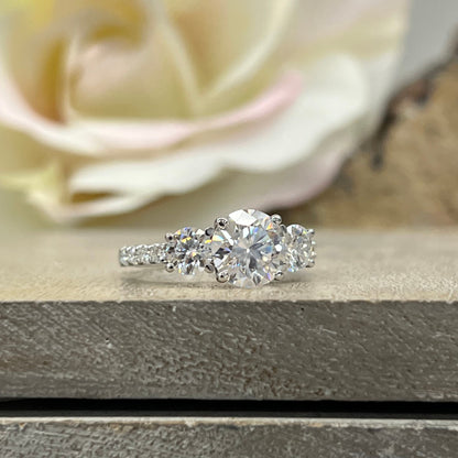Moissanite Engagement Ring Three Stone Round 14K Solid White Gold For Women, Vintage Unique Engagement Ring, Simple Three Stone Ring,  #6659