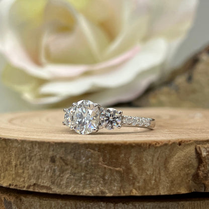 Moissanite Engagement Ring Three Stone Round 14K Solid White Gold For Women, Vintage Unique Engagement Ring, Simple Three Stone Ring,  #6659