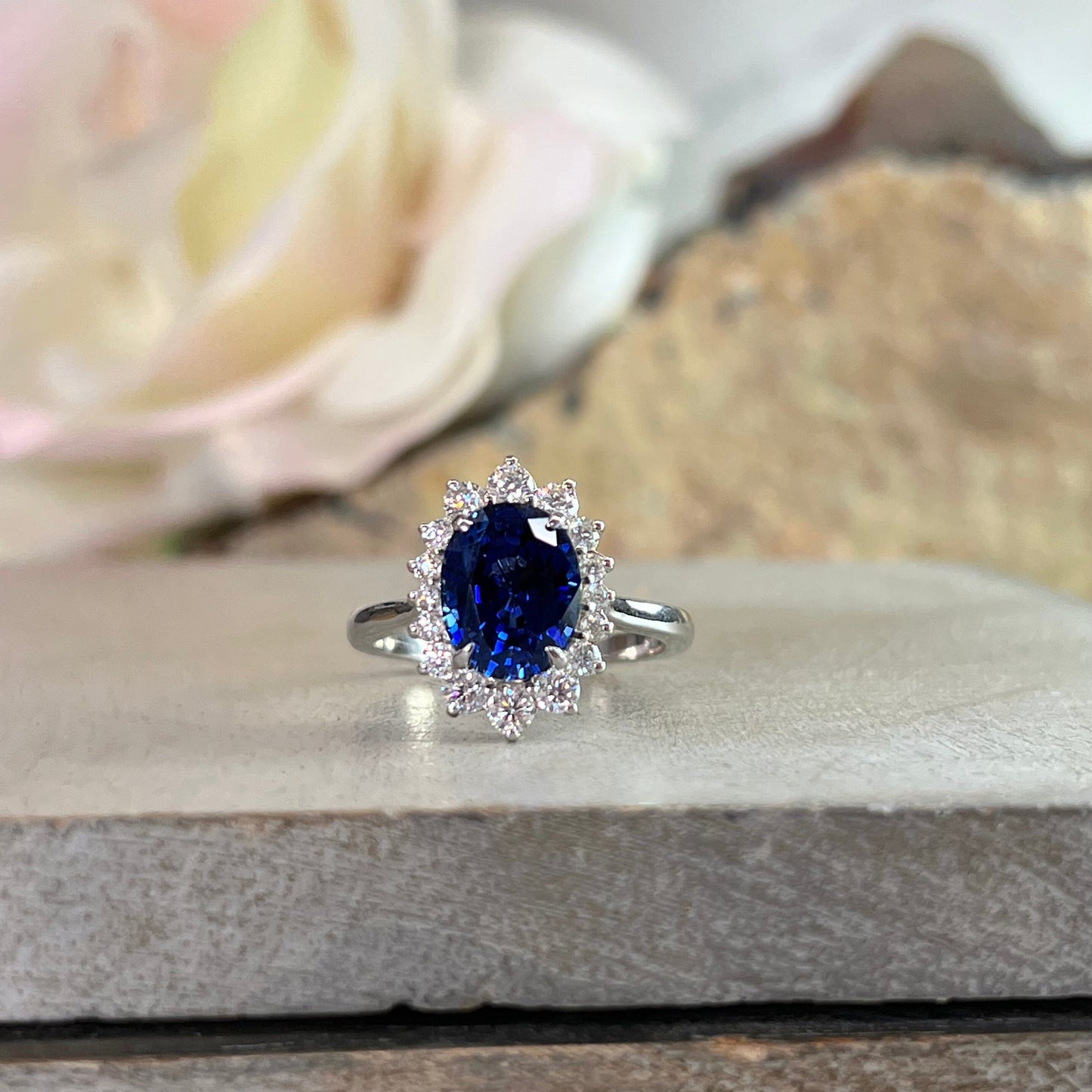 Oval Blue Sapphire Ring, 14K White Gold Halo Ring, Gatsby Style Ring With Moissanite, Blue Sapphire Ring With Moissanite Halo #6603