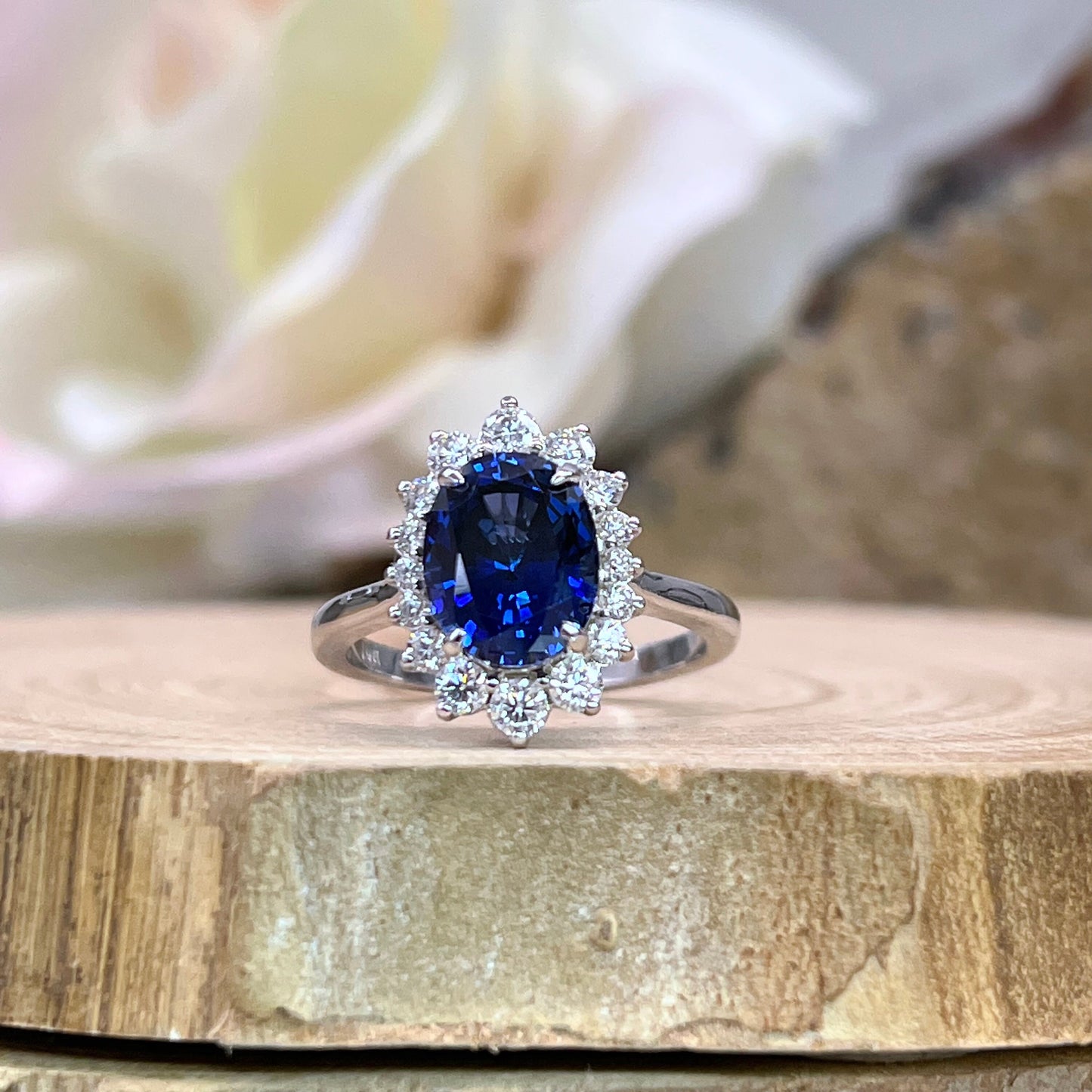 Oval Blue Sapphire Ring, 14K White Gold Halo Ring, Gatsby Style Ring With Moissanite, Blue Sapphire Ring With Moissanite Halo #6603