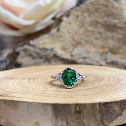 Oval Shaped Emerald Diamond Engagement Ring 14k White Gold Bezel Set Oval Emerald Engagement Rings Women Unique Emerald Wedding Rings  #7306
