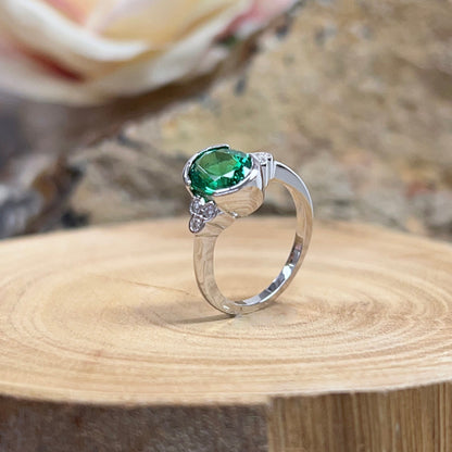 Oval Shaped Emerald Diamond Engagement Ring 14k White Gold Bezel Set Oval Emerald Engagement Rings Women Unique Emerald Wedding Rings  #7306
