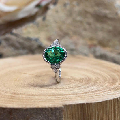Oval Shaped Emerald Diamond Engagement Ring 14k White Gold Bezel Set Oval Emerald Engagement Rings Women Unique Emerald Wedding Rings  #7306