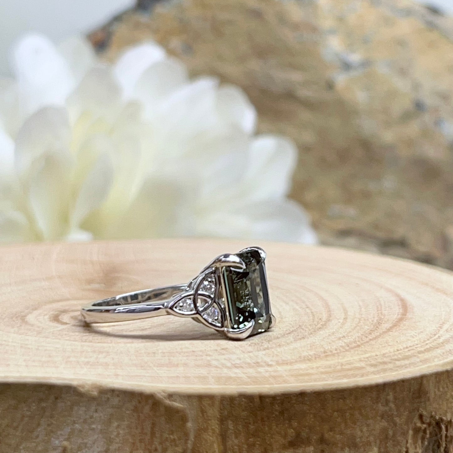 Sapphire Engagement Ring 14K White Gold Olive Green Emerald Cut Sapphire Celtic Engagement Rings Moissanite Celtic Gold Wedding Ring  #7307