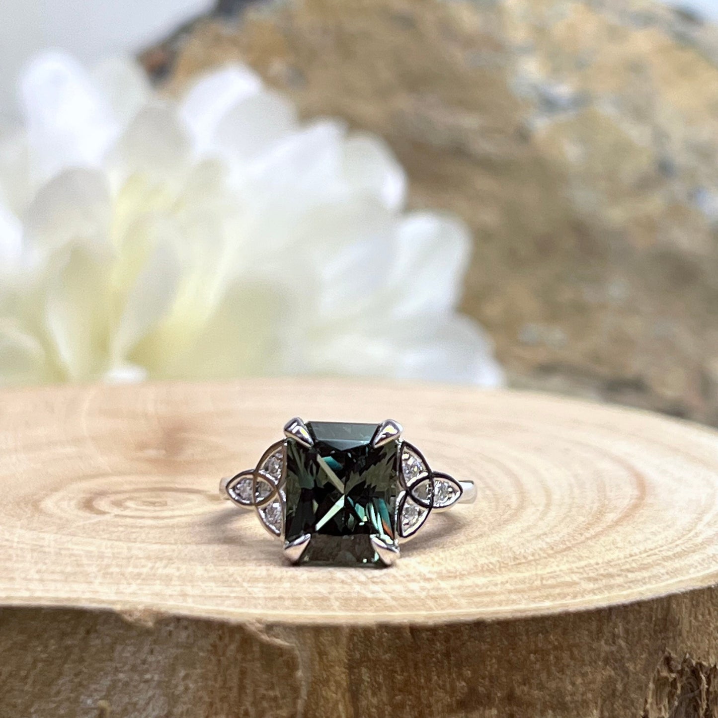 Sapphire Engagement Ring 14K White Gold Olive Green Emerald Cut Sapphire Celtic Engagement Rings Moissanite Celtic Gold Wedding Ring  #7307
