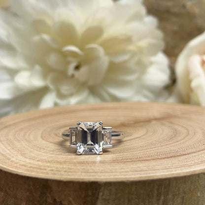 Emerald Cut Moissanite Engagement Ring, Three Stone Emerald Cut Anniversary Ring, 14k Solid White Gold 3.00ctw Wedding Ring For Ladies #5194
