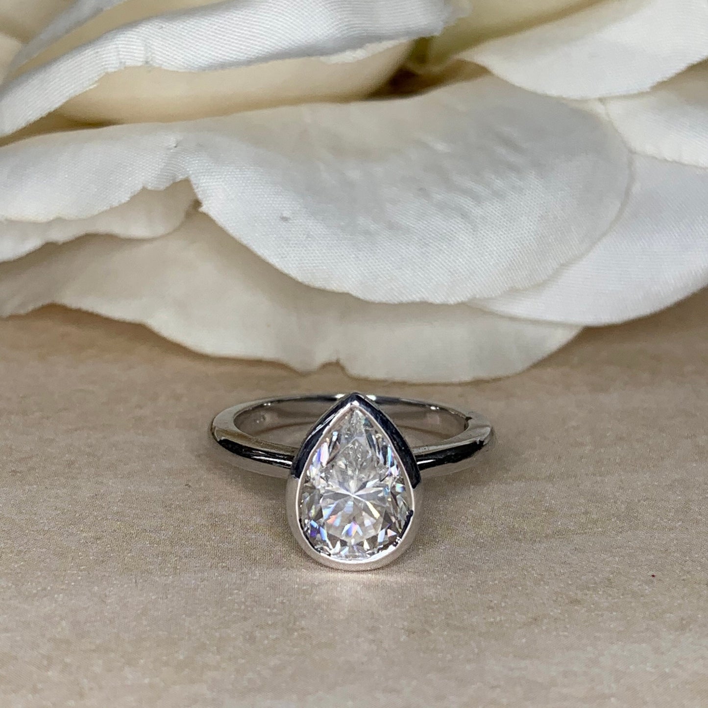Moissanite Engagement Ring, Pear Moissanite Solitaire Ring, 14k White Gold Ladies Ring, Bezel Set Ring, Moissanite Wedding Ring, #7054