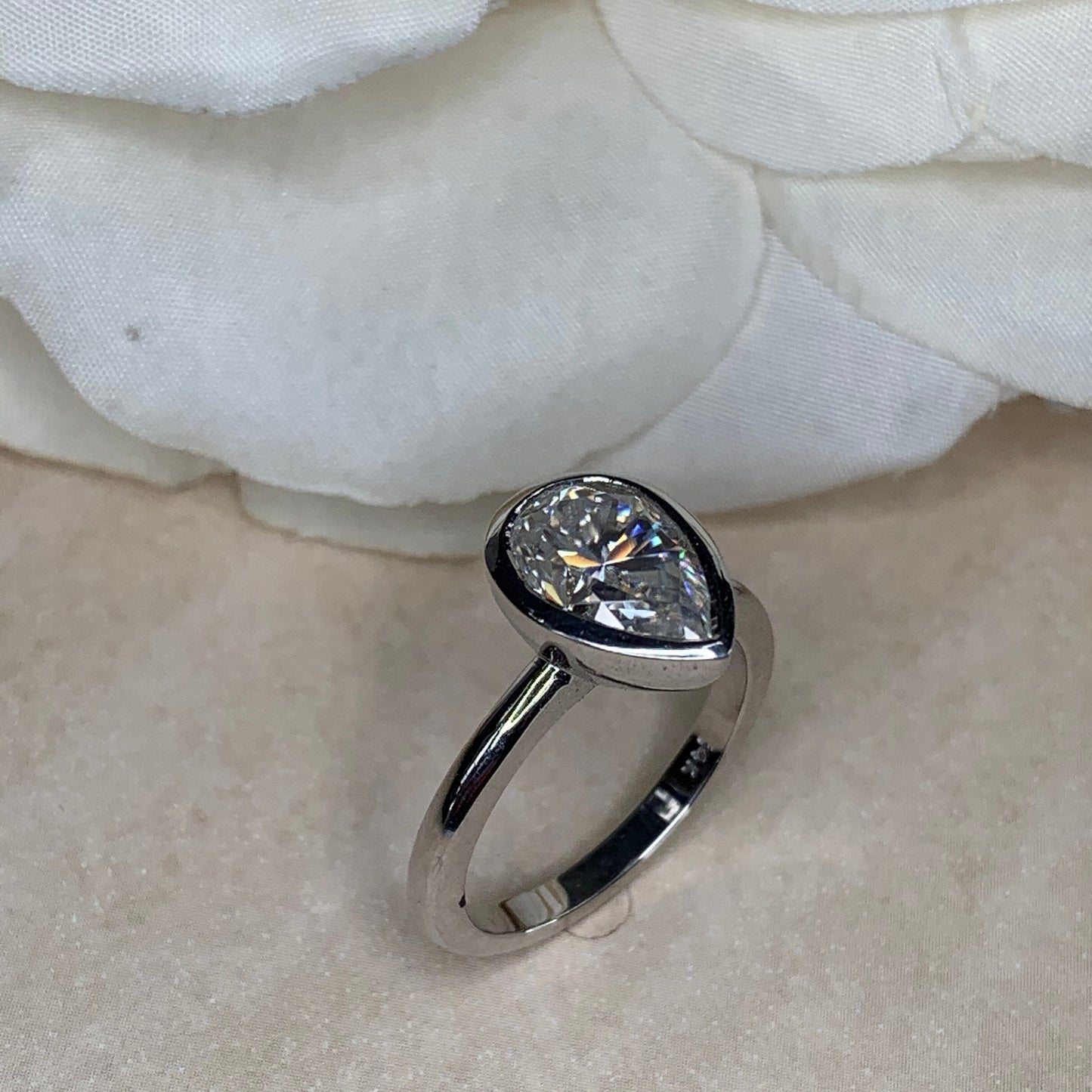 Moissanite Engagement Ring, Pear Moissanite Solitaire Ring, 14k White Gold Ladies Ring, Bezel Set Ring, Moissanite Wedding Ring, #7054