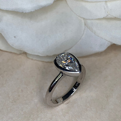 Moissanite Engagement Ring, Pear Moissanite Solitaire Ring, 14k White Gold Ladies Ring, Bezel Set Ring, Moissanite Wedding Ring, #7054