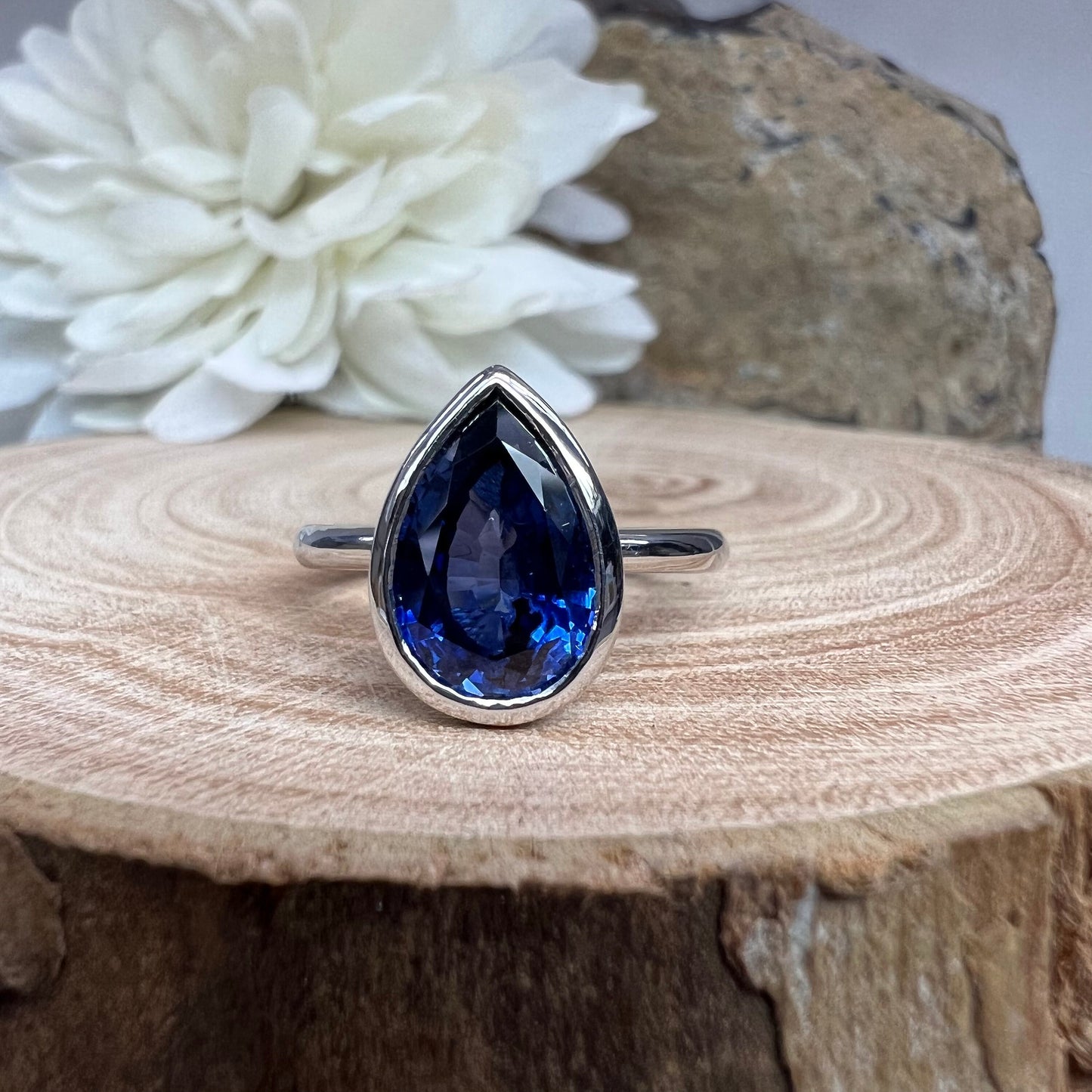 Pear Shaped Blue Sapphire Engagement RING 14K White Gold Pear Shape Bezel Set Blue Sapphire Solitaire Wedding Anniversary Promise Ring #7328