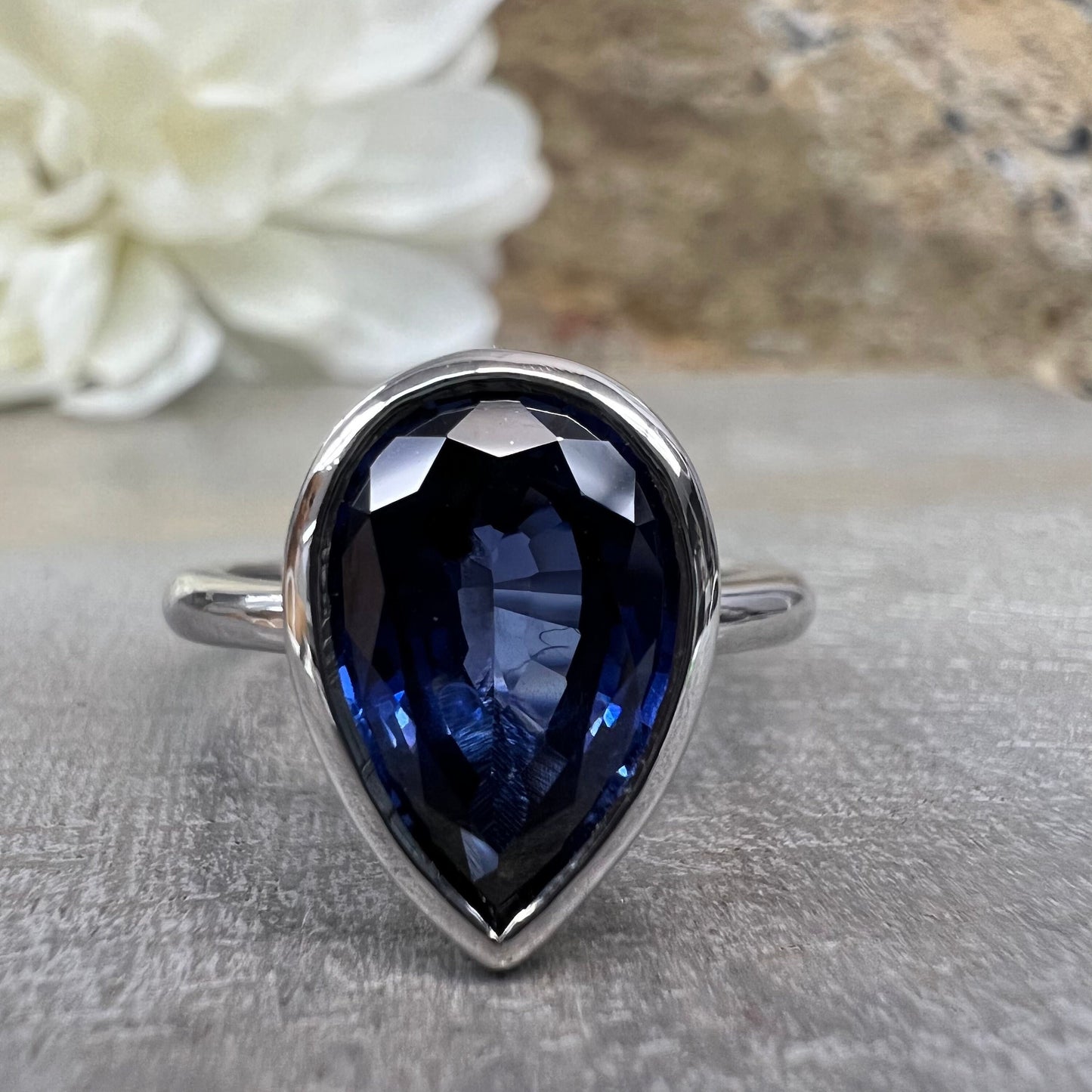 Pear Shaped Blue Sapphire Engagement RING 14K White Gold Pear Shape Bezel Set Blue Sapphire Solitaire Wedding Anniversary Promise Ring #7328
