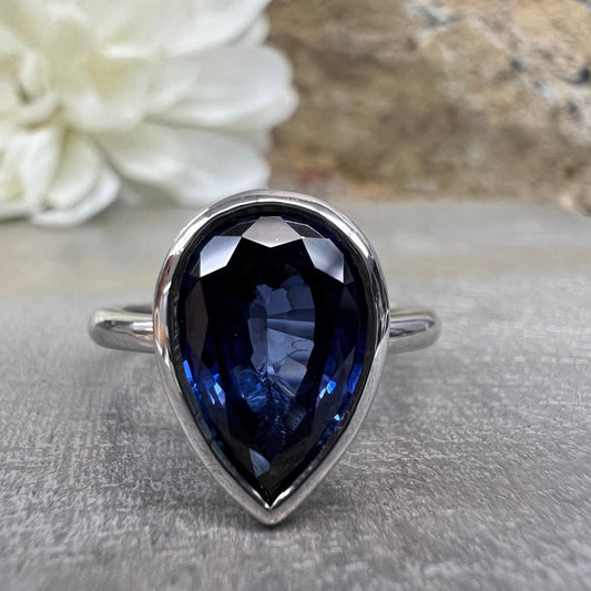Pear Shaped Blue Sapphire Engagement RING 14K White Gold Pear Shape Bezel Set Blue Sapphire Solitaire Wedding Anniversary Promise Ring #7328