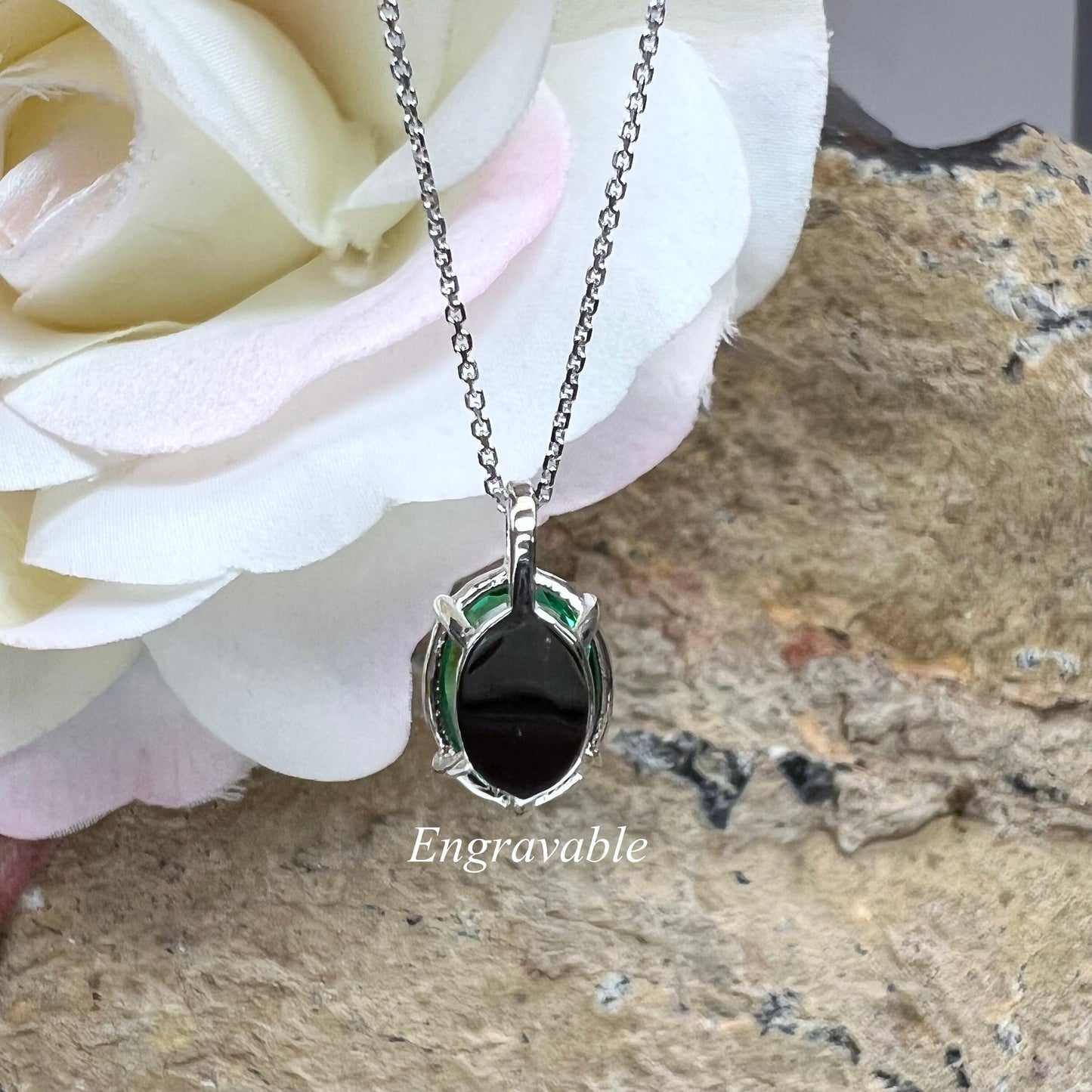 Personalized Engraved Necklace Birthstone Mothers Necklace Personalized 14K White Gold Gemstone Personalized Delicate Emerald Necklace #7331