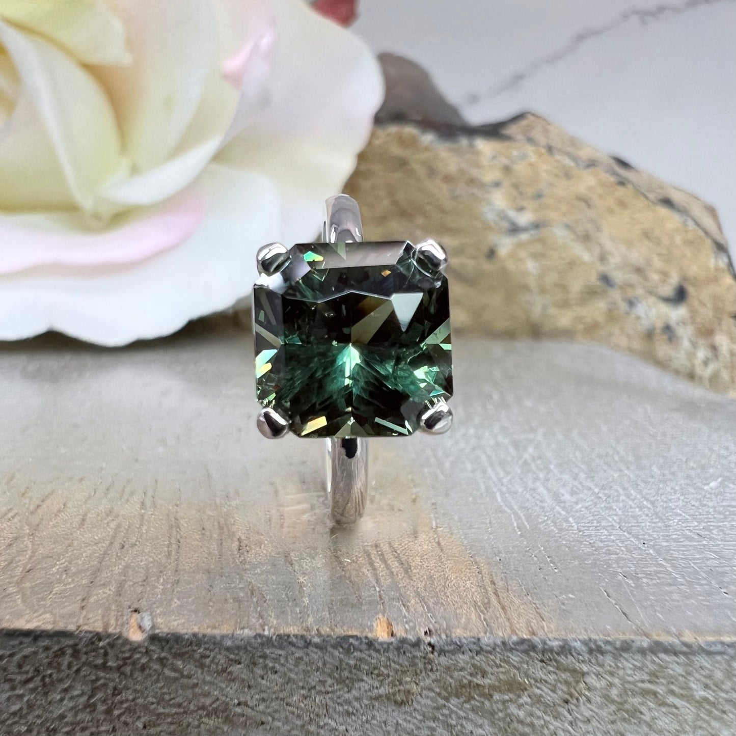 Olive Green Sapphire Engagement Ring 14k White Gold Radiant Cut Olive Green Sapphire Engagement Ring Radiant Shaped Sapphire Solitaire #7332