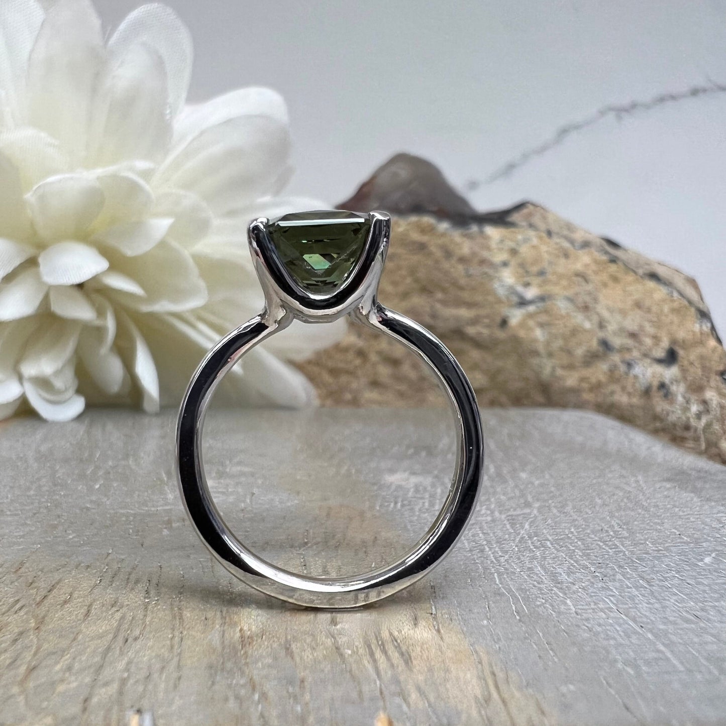 Olive Green Sapphire Engagement Ring 14k White Gold Radiant Cut Olive Green Sapphire Engagement Ring Radiant Shaped Sapphire Solitaire #7332