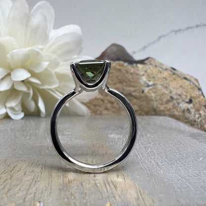Olive Green Sapphire Engagement Ring 14k White Gold Radiant Cut Olive Green Sapphire Engagement Ring Radiant Shaped Sapphire Solitaire #7332
