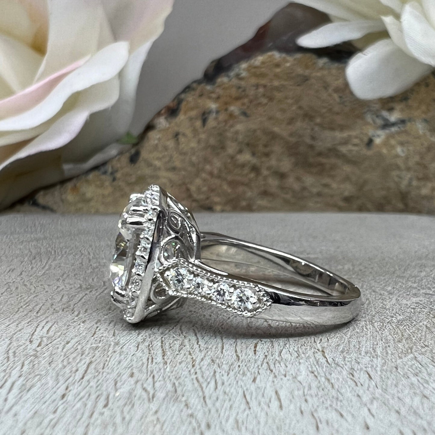 Moissanite Engagement Ring 14k White Gold , Cushion Cut Moissanite Promise Ring For Her , Unique Vintage Halo Anniversary Bridal Ring  #7333