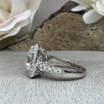 Moissanite Engagement Ring 14k White Gold , Cushion Cut Moissanite Promise Ring For Her , Unique Vintage Halo Anniversary Bridal Ring  #7333