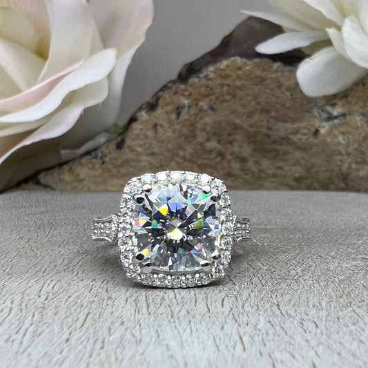 Moissanite Engagement Ring 14k White Gold , Cushion Cut Moissanite Promise Ring For Her , Unique Vintage Halo Anniversary Bridal Ring  #7333