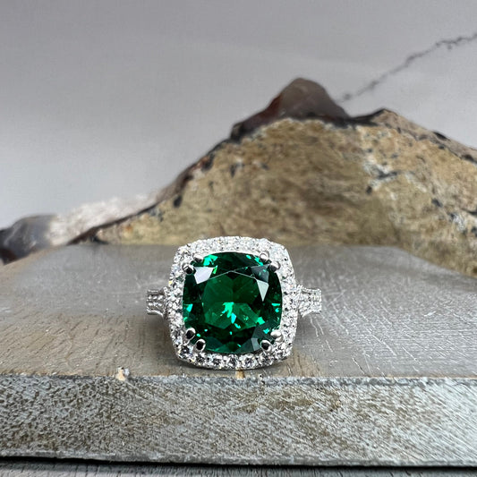 Cushion Cut Emerald And Diamond Engagement Ring. Emerald Ring With Round Moissanite Accents, 14K Yellow Gold Emerald And Diamond Ring  #6416