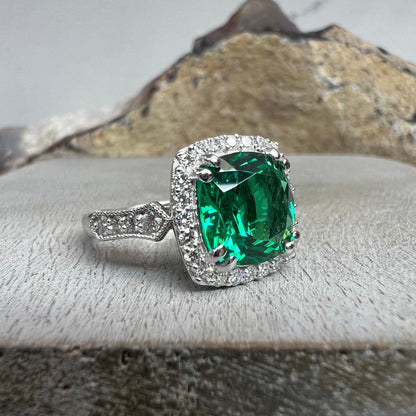 Cushion Cut Emerald And Diamond Engagement Ring. Emerald Ring With Round Moissanite Accents, 14K Yellow Gold Emerald And Diamond Ring  #6416