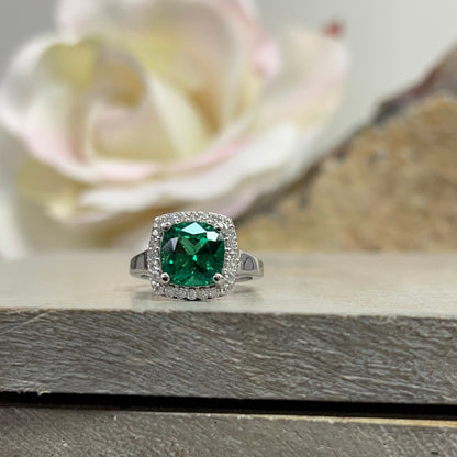 Cushion Cut Emerald And Genuine Diamond Halo Engagement Ring, 14k Gold Emerald And Moissanite Wedding Ring, Ladies May Birthstone Ring  5459
